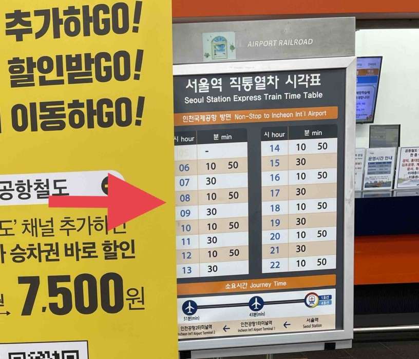 ソウル駅の空港鉄道の時刻表